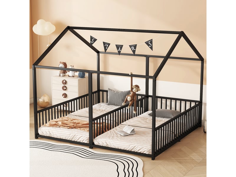 Lit superposé enfant 90x200, lit cabane en métal, lit enfant noir avec échelle et barrière, cadre robuste, sans matelas - Conforama R