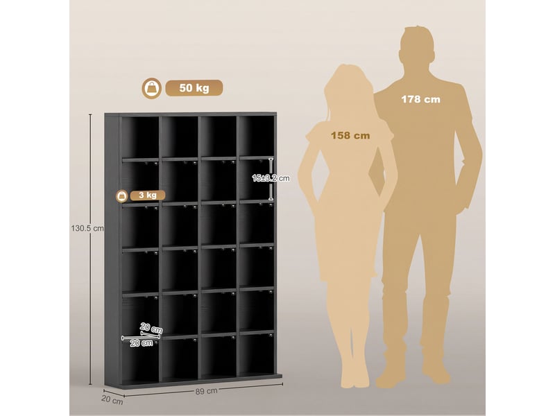  Meuble à cd avec étagères réglables pour 456 cd ou 336 dvd, 24 compartiments, 89 x 20 x 130,5 cm, noir  - Conforama E