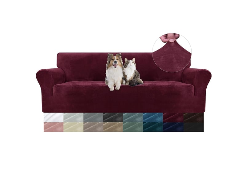  Housse de canapé en velours 4 places(231-279cm), sofa cover extensible bordeaux  - Conforama A