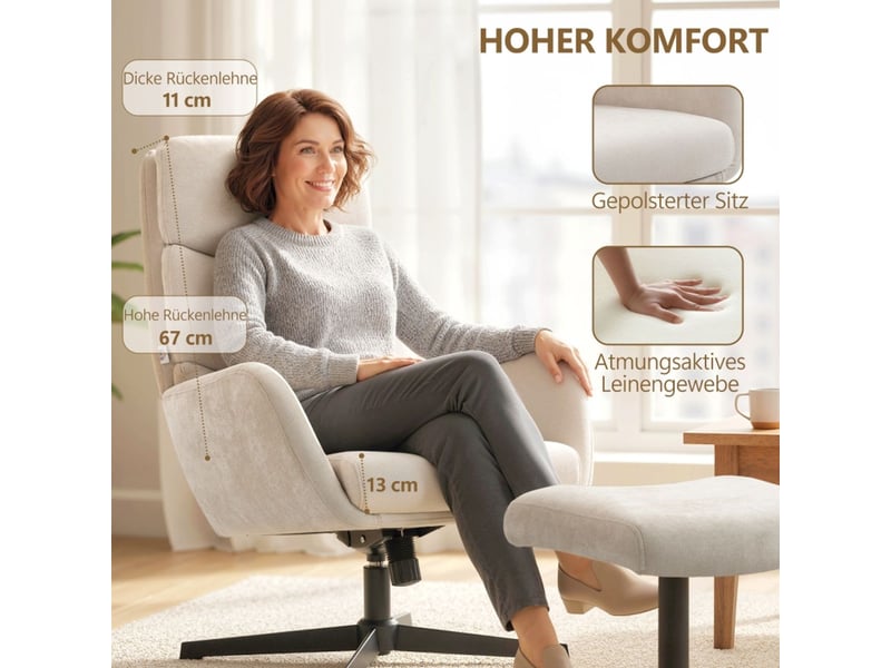  Chaise fauteuil capitonné repose-pieds dossier haut base métal beige  - Conforama C