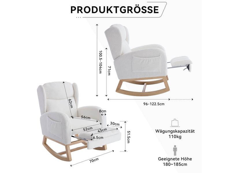  Fauteuil à bascule  70x96-122,5x104 cm, repose-pieds escamotable, dossier haut, tissu teddy et bois, blanc  - Conforama C