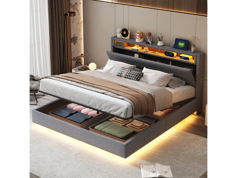  Lit adulte 160x200cm,lit coffre en lin avec lumière led,prise usb,tête de lit réversible et pieds cachés,gris lit adulte gris - Conforama B