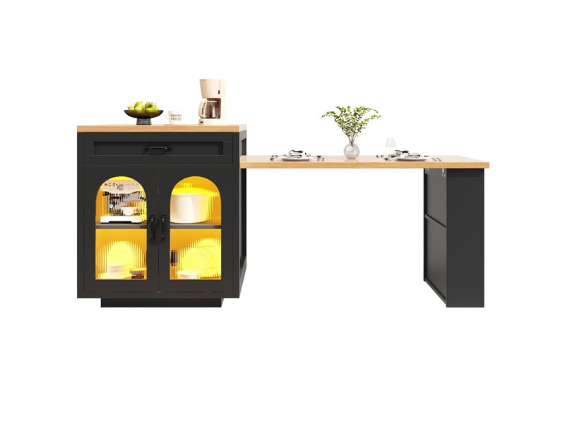  Îlot de cuisine extensible moderne avec éclairage led, 2 tiroirs, étagères réglables, portes en verre strié, plan de travail en mdf  - Conforama E