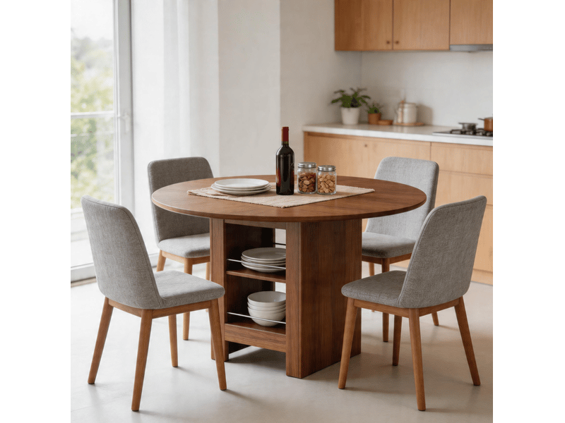  Table de salle à manger ronde, 100x100x76 cm, moderne espace de rangement, plateau mdf, piètement métal, coloris noyer  - Conforama B
