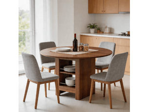 Table de salle à manger ronde, 100x100x76 cm, moderne espace de rangement, plateau mdf, piètement métal, coloris noyer