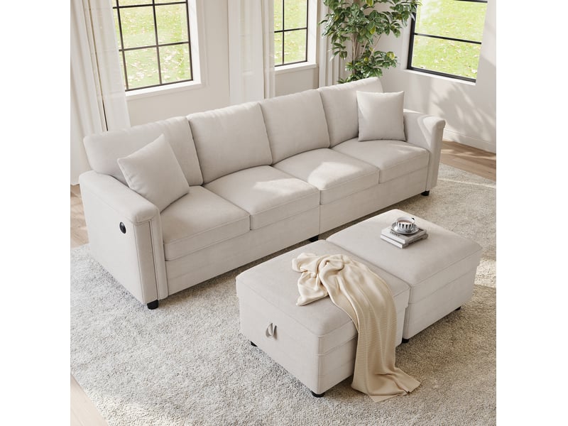 Canapé modulaire 4 places en l et en u avec 2 coffres, 2 coussins, usb, tissu chenille beige - Conforama B
