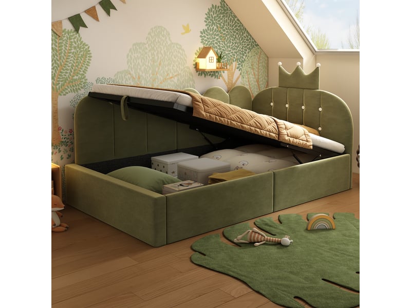 Canapé-lit rembourré 90 x 200 cm, avec espace de rangement, en l, orné d'un motif en treillis en forme de couronne, en velours, vert - Conforama E