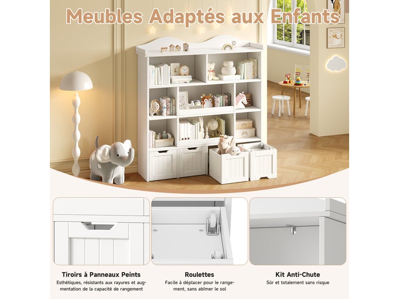 Bibliothèque enfant 120x30x131 cm, meuble de rangement pour jouets, 4 tiroirs, étagères de rangement, rangement ouvert, mdf blanc CozyNest - Conforama E