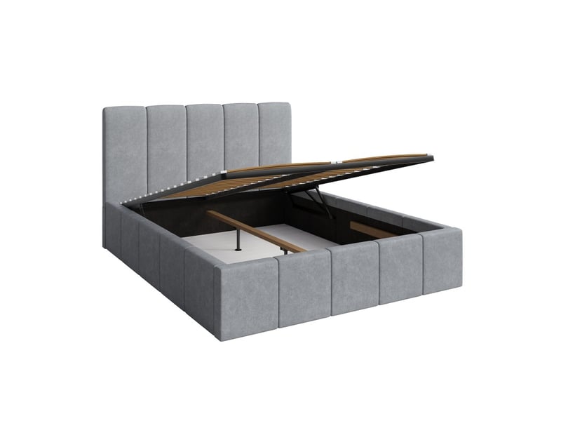 Lit coffre ravello 180x200 cm en tissu gris avec tête de lit capitonnée et sommier inclus - Conforama A