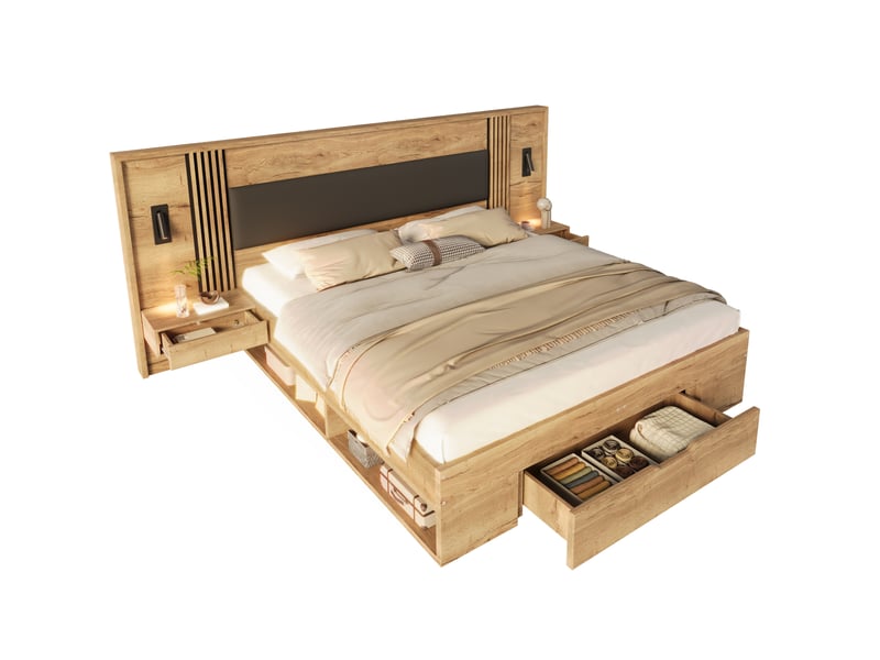  Lit double 160x200 cm avec rangement, lampes de lecture, mdf naturel sans matelas  - Conforama A
