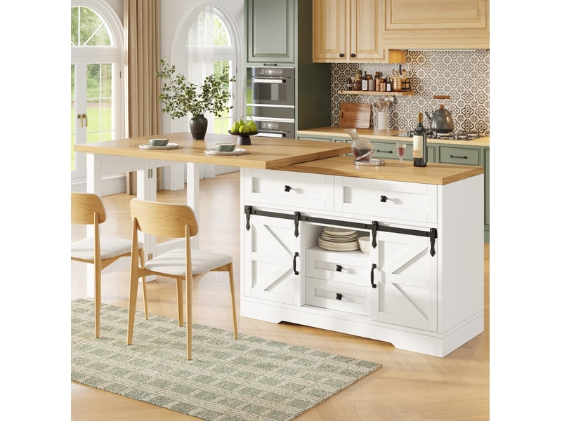  Îlot de cuisine 2-en-1 avec table à manger modenvie extensible de 120 à 197 cm en mdf blanc et effet chêne avec rangement  - Conforama B