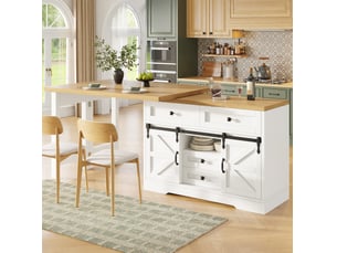 Îlot de cuisine 2-en-1 avec table à manger modenvie extensible de 120 à 197 cm en mdf blanc et effet chêne avec rangement