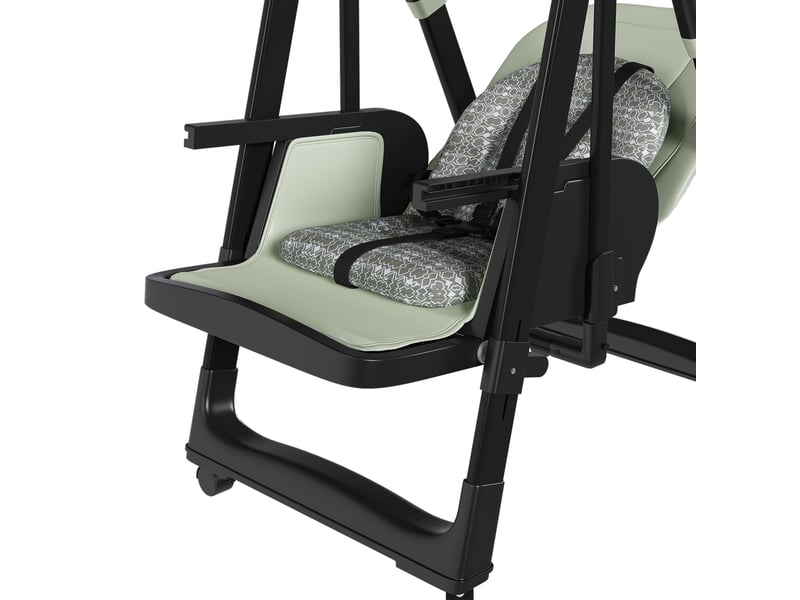  Chaise haute 2-en-1, fonction balancelle, plateau amovible, dossier inclinable, roues freinées, en polypropylène vert foncé  - Conforama E