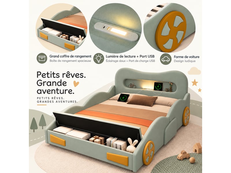 Lit voiture enfant 140 x 200 cm avec coffre et liseuse, velours vert  - Conforama D