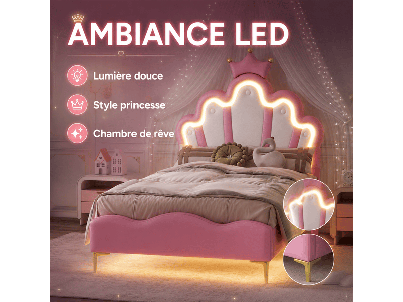  Lit enfant 90x200 - éclairage led rgb - lit fille princesse avec tête de lit réglable - décor couronne -similicuir - lit enfant 90x200 avec led réglables -lit fille avec tête de lit en forme de couronne -sommier à lattes -lit un…  - Conforama W