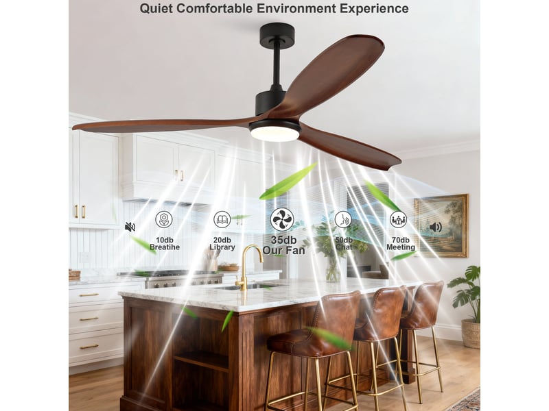  Ventilateur de plafond 177 cm éclairage led 3 pales bois massif noyer et noir réversible 6 vitesses télécommande silencieux  - Conforama D