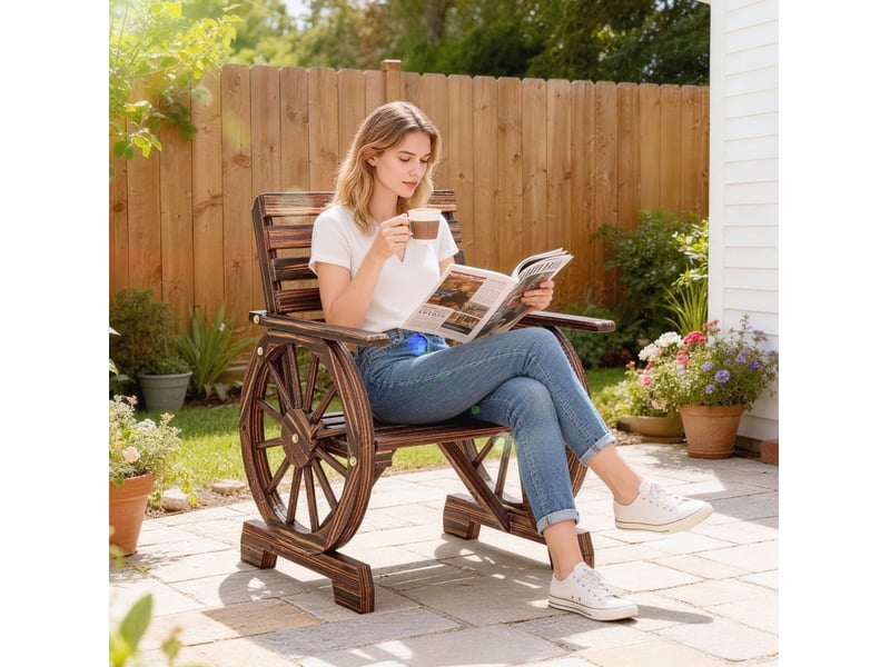  Fauteuil de jardin en bois 66x55x90 cm – bois foncé – design roue de chariot, accoudoirs larges et dossier incliné  - Conforama D