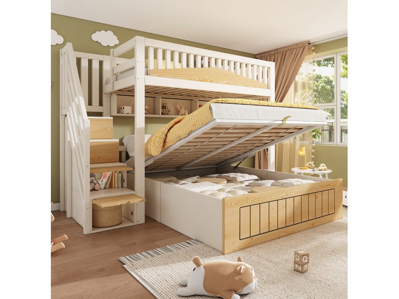 Lit superposé décalé 90x200 cm et 140x200 cm avec rangement hydraulique et escalier, mdf, blanc et naturel, sans matelas - Conforama B
