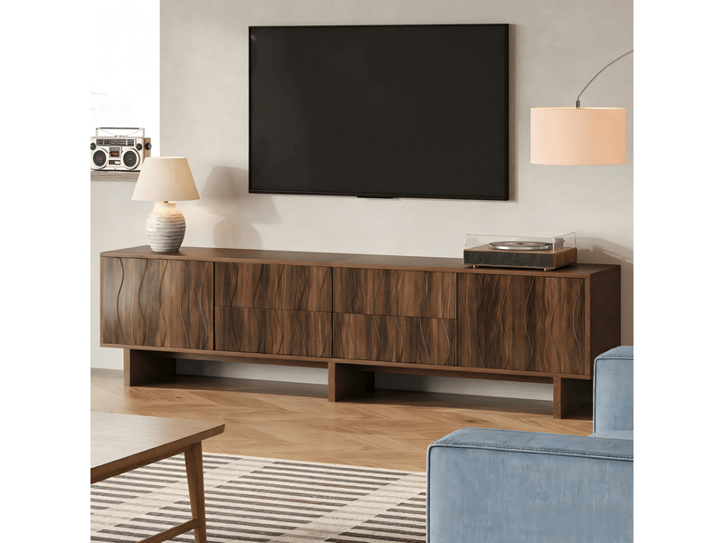  Meuble tv au design ondulé, meuble tv 180 cm de largeur pour télévision jusqu'à 75 pouces, 4 tiroirs et 2 portes, noyer foncé  - Conforama B
