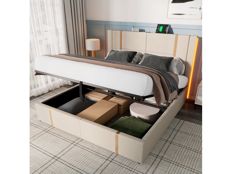  Lit coffre 140 × 200 cm 2 places avec led rgb, usb et type-c, rangement hydraulique, matelas inclus, beige  - Conforama C