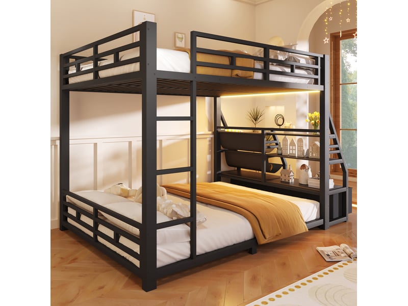  Lit superposé 140x200 cm avec led et 2 tiroirs en tissu, noir  - Conforama C