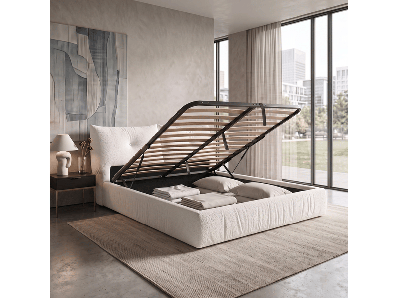  Lit coffre atlas 160x200 cm - tissu chenille beige - tête de lit et grand espace de stocakge PREMIUM - Conforama B