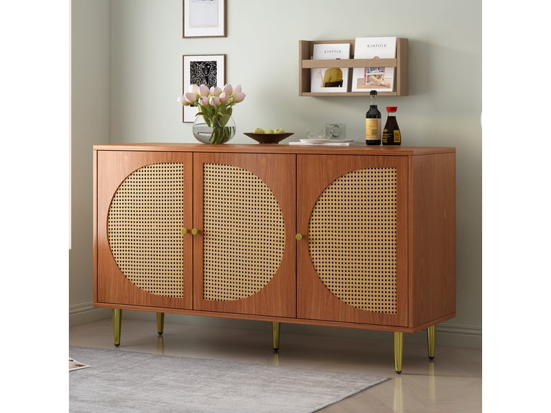 Buffet bas 3 portes avec décor effet rotin et poignées en métal, noyer, 129,8 x 40 x 76 cm - Conforama C