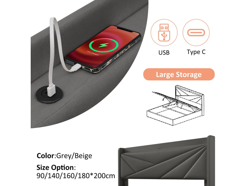  Lit coffre adulte 160x200 cm – gris – rangement relevable, ports usb et usb-c, sommier et matelas inclus  - Conforama E