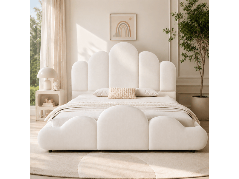 Lit enfant 140 x 200 cm lit double tête de lit rembourrée coins arrondis velours beige  - Conforama C