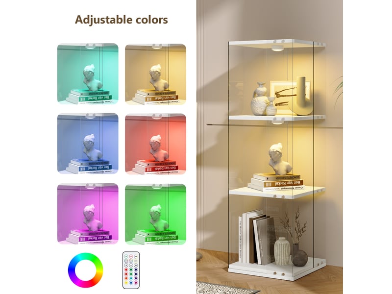  Vitrine tournante - 38x38x121cm - 360° avec 3 niveaux, étagères en verre, éclairage tactile tap light - blanc  - Conforama D