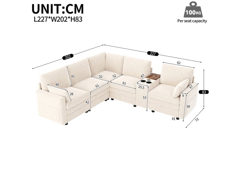  Canapé d'angle cloud 5 places 227x202x83 cm en chenille - console centrale usb-c porte-gobelets rangement intégré - beige BUYDEEMEUS - Conforama C