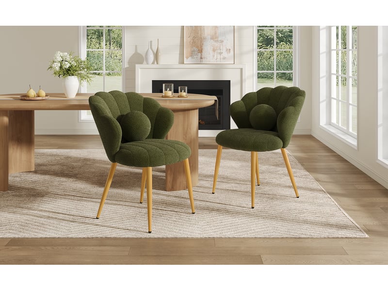  Chaises de salle à manger lot de 2 avec dossier coquillage et coussins ronds, pieds en métal doré, tissu bouclette vert  - Conforama D