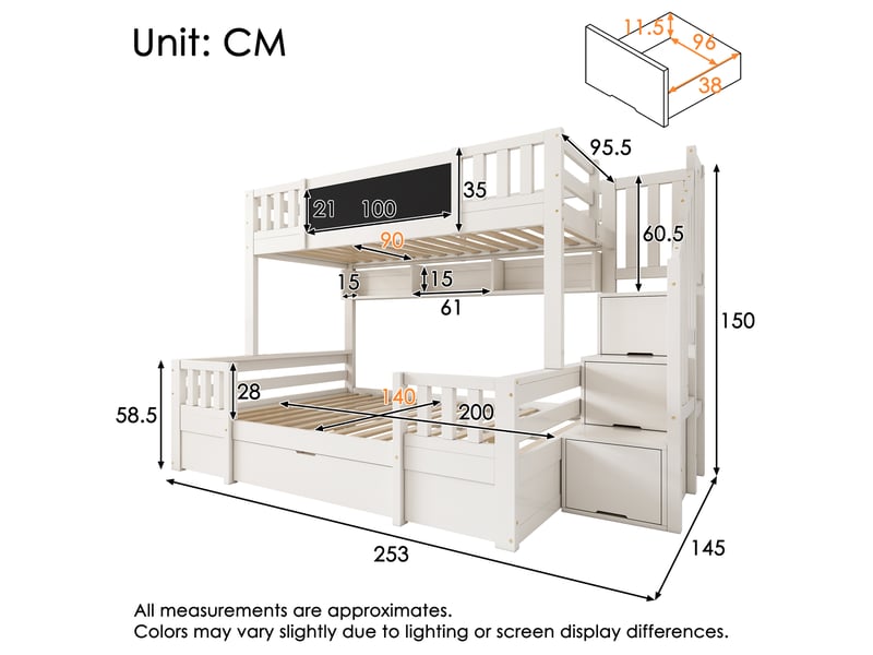  Lit superposé enfant 3 couchages blanc 90 x 200 et 140 x 200 cm avec rangements  - Conforama E