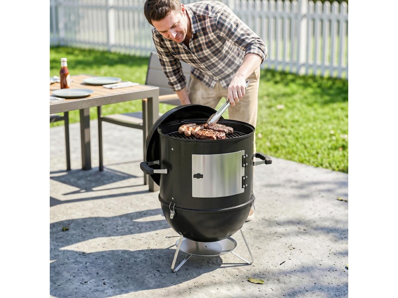  Fumoir 3-en-1 avec 3 grilles de cuisson, thermomètre intégré et ventilation réglable, 62,5 x 47,5 x 91 cm, noir  - Conforama C