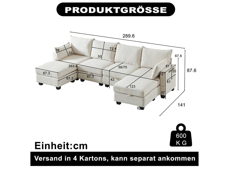  Canapé modulable 6 places en chenille, convertible en lit, avec méridienne, poufs et rangements, configuration lu - beige  - Conforama C