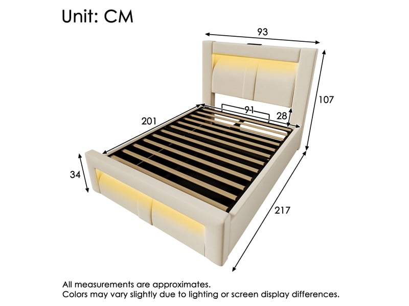  Modenvie lit coffre 90x200 cm - avec rangement, led et ports usb-c, avec matelas - beige  - Conforama C