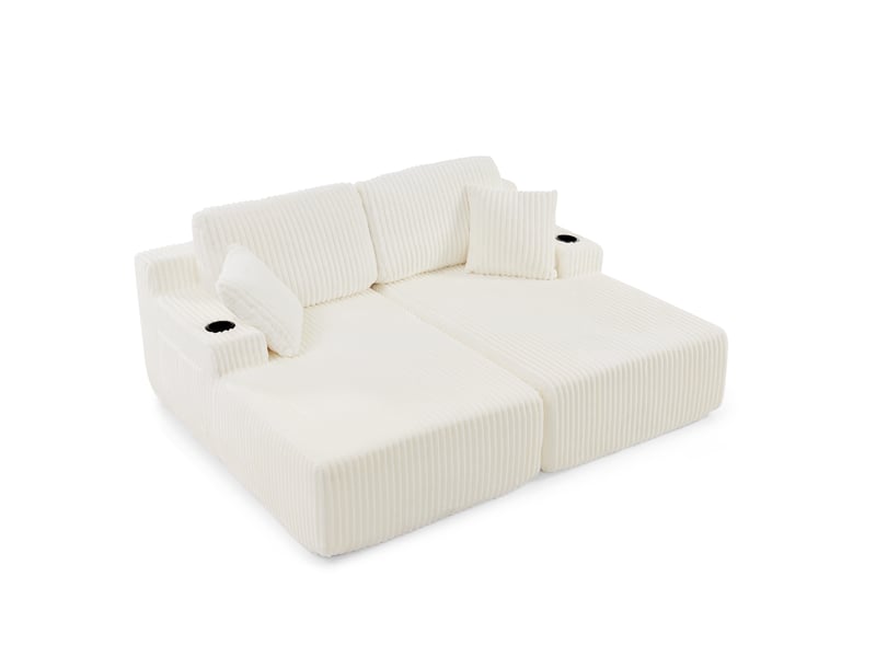  Canapé convertible 2 places en velours côtelé beige avec porte-gobelets et poche latérale  - Conforama A