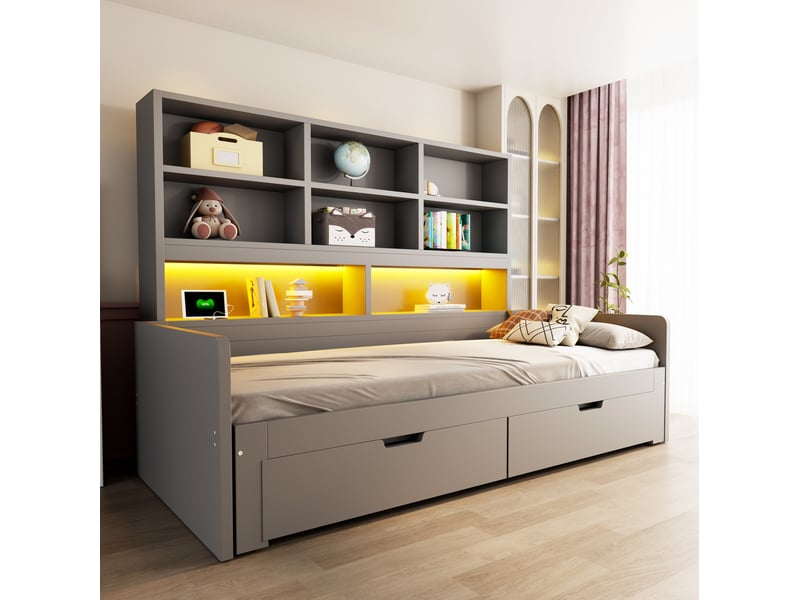 Lit extensible 90x200 à 180x200 cm avec rangements, led et prises gris - Conforama B