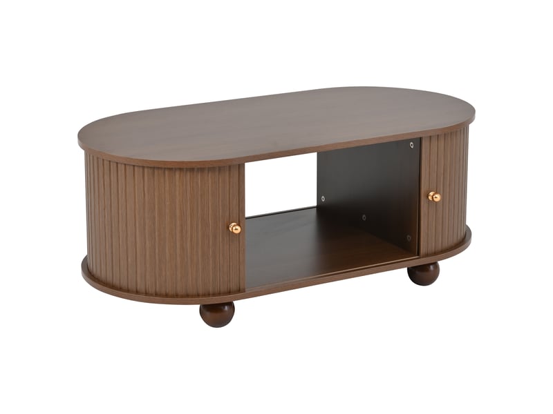  Table basse ovale avec rangement, couleur noyer, portes coulissantes  - Conforama A