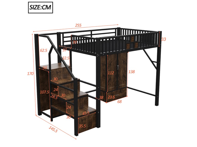 Lit mezzanine 140 x 200 cm noir avec armoire, tiroir et escalier de rangement - Conforama C