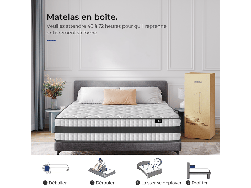 Matelas Hybride 140x200 cm INRE, Épaisseur 25cm, Ressorts Ensachés et Mousse à Mémoire de Forme, Moyenne Ferme, 7 Zones de Confort, Respirant et Confort - Conforama W