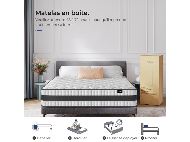Matelas Hybride 140x200 cm INRE, Épaisseur 25cm, Ressorts Ensachés et Mousse à Mémoire de Forme, Moyenne Ferme, 7 Zones de Confort, Respirant et Confort  - Conforama W
