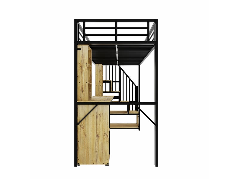  Lit mezzanine 90x200 cm en métal noir avec bureau, armoire, escalier et usb  - Conforama D