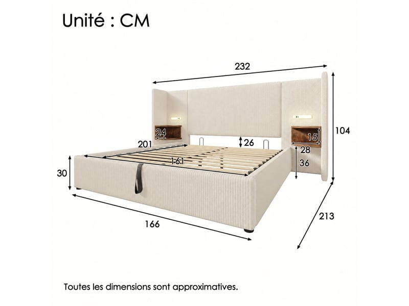  Lit coffre 160x200 avec sommier, liseuse tactile, usb-c, beige et blanc  - Conforama C
