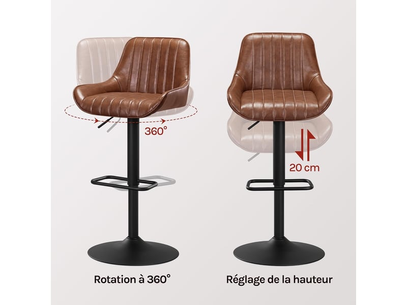  Lot De 2 Tabourets Bar Réglable En Hauteur, Accoudoirs Et Dossier, En Faux Cuir + Métal, Brun  - Conforama E