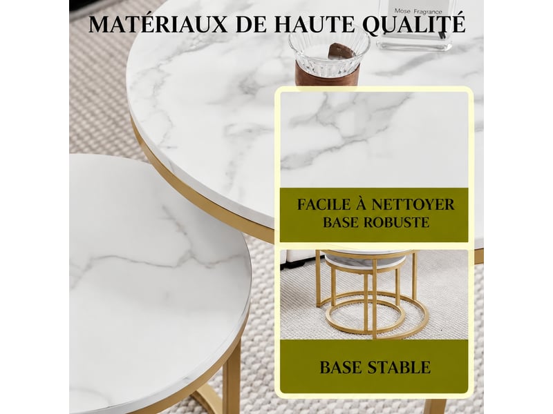  Table basse muvano lot de 2 tables basses gigognes rondes, plateau en mdf effet marbre blanc, dimensions 80 cm et 60 cm  - Conforama D