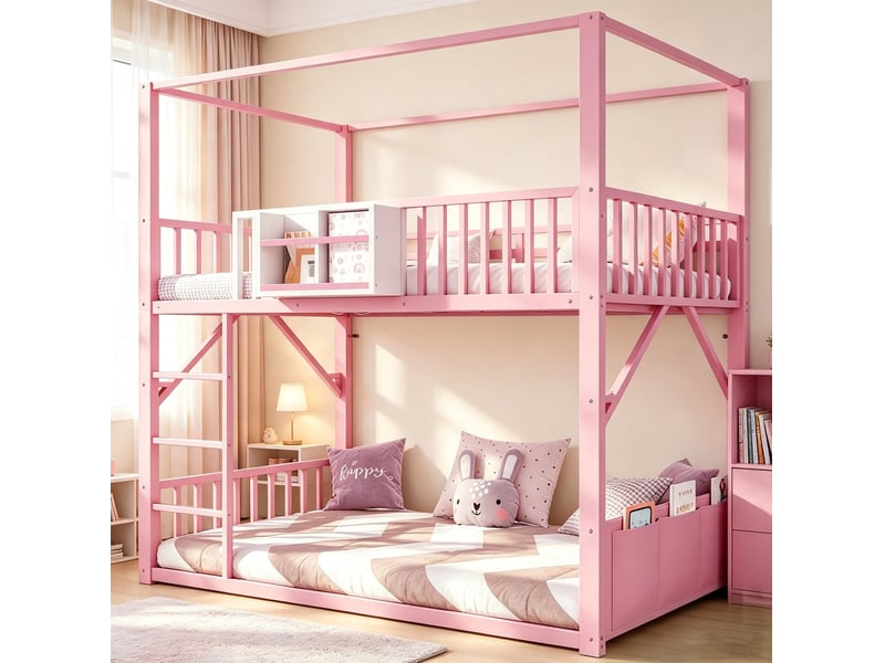 Lit superposé enfant 90x200 cm en métal rose avec toit et rangements - Conforama B