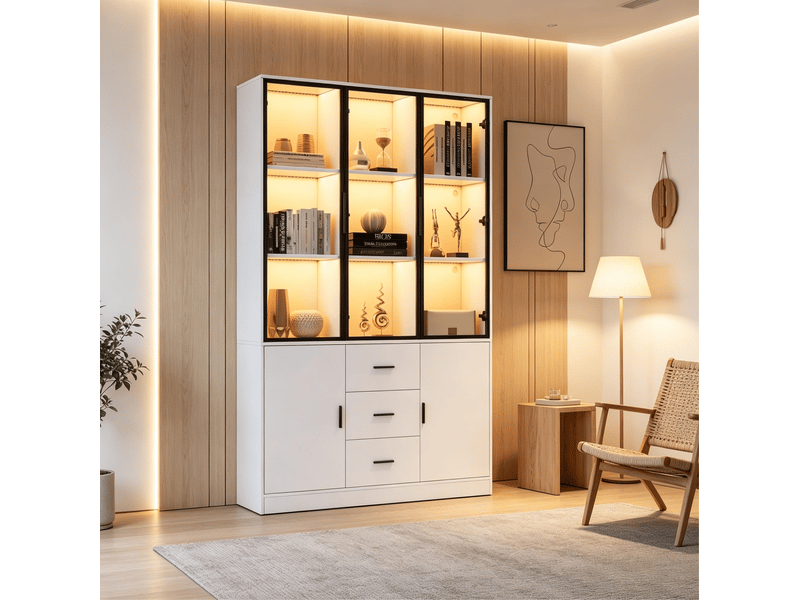  Vitrine 5 portes dont 3 vitrées, 3 tiroirs et led rgb pour salon en panneaux de particules blancs 120 × 30 × 200 cm  - Conforama E