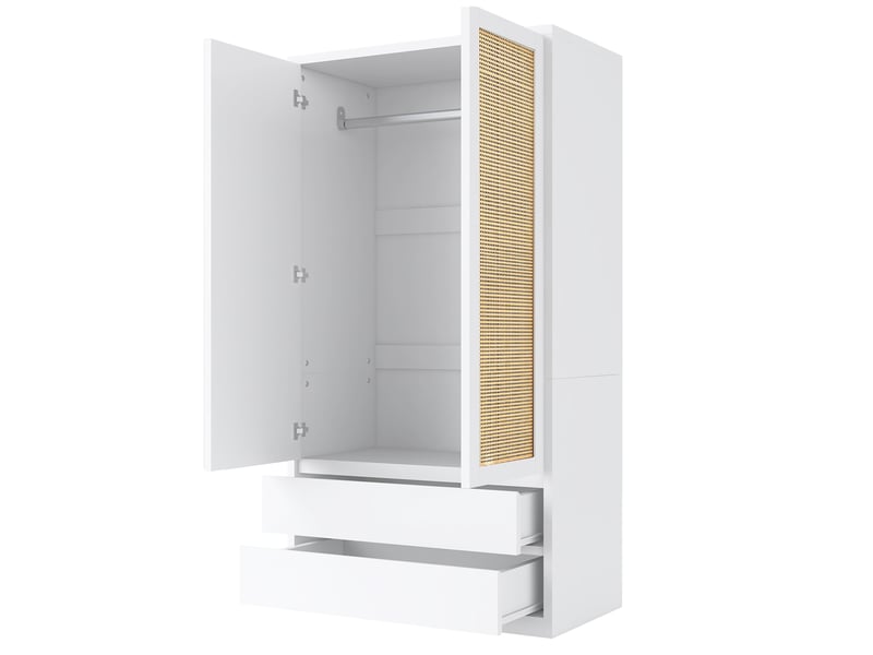  Armoire-penderie 90x50x170cm à 2 portes en rotin, 2 grands tiroirs, poignées dissimulées et large espace de suspension, bois blanc evarich - Conforama D