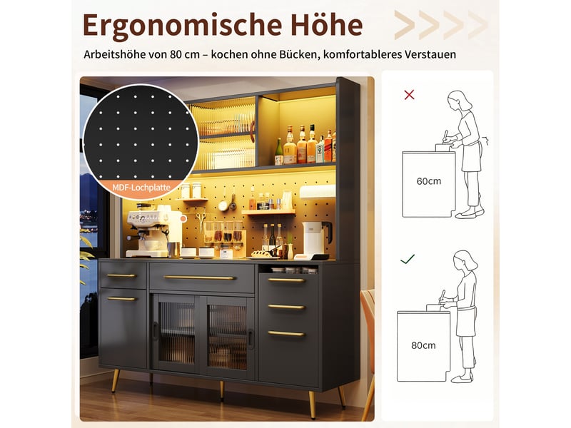  Buffet de cuisine noir meuble de rangement avec led, portes coulissantes et tiroirs, 145 cm  - Conforama W